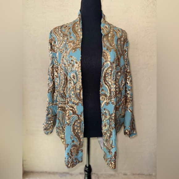Anthropologie Ettawa Sequins Turquoise and Gold Toned Kimono Jacket- M/L - Picture 5 of 13